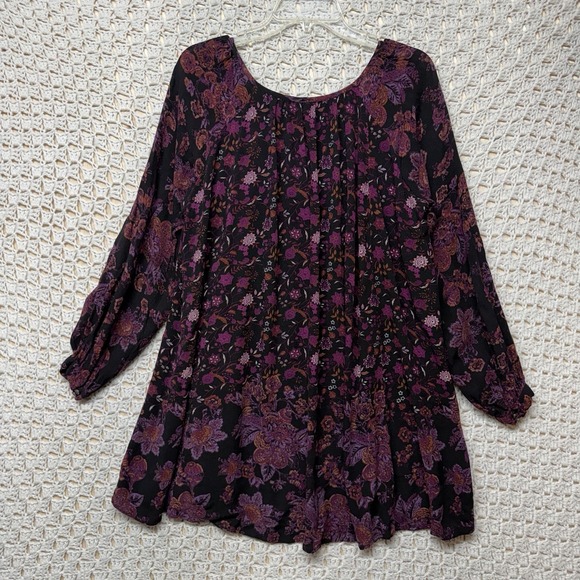 Free People Mini Tunic Dress Women Size XS Lucky Loosey Black Floral Tassel Tie - Picture 7 of 14